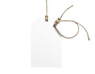 A blank, white rectangular tag with a natural string bow against a black backdrop