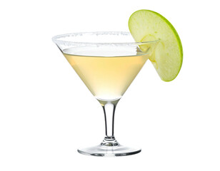 A chilled cocktail in a stemmed glass, garnished with a green apple slice