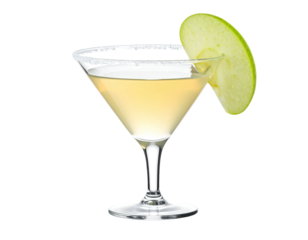 A chilled cocktail in a stemmed glass, garnished with a green apple slice