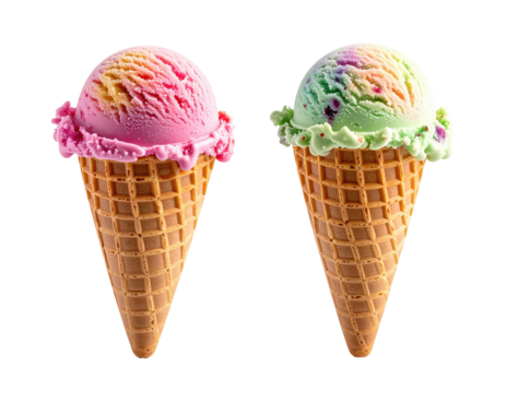 Two colorful scoops of ice cream sit in waffle cones, isolated