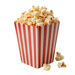 Red and White Striped Popcorn Bucket Overflowing with Popcorn on White Background isolated on a transparent background