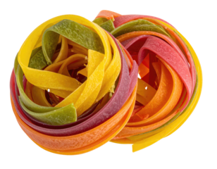 Rolled ribbons of vibrantly colored pasta, ready to be cooked