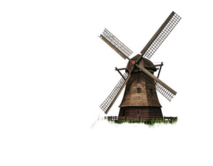 A weathered wooden windmill with rotating blades, set against a stark black background