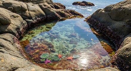 Coastal tide pool with starfish rocks and clear water scene