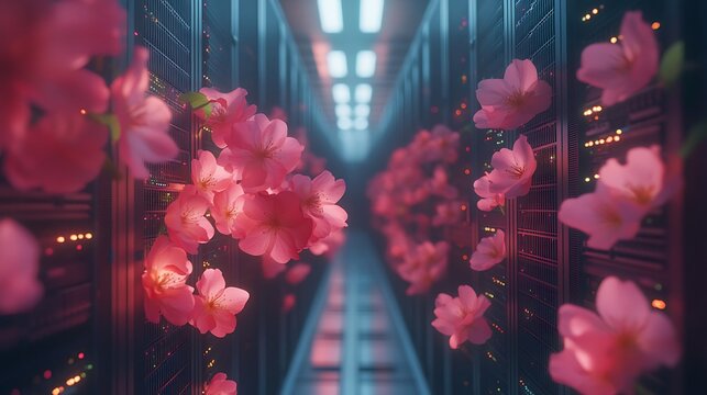 Server room adorned with ethereal pink blossoms against digital infrastructure