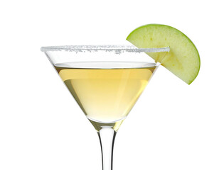 Martini glass with sugared rim, apple slice garnish, against black background