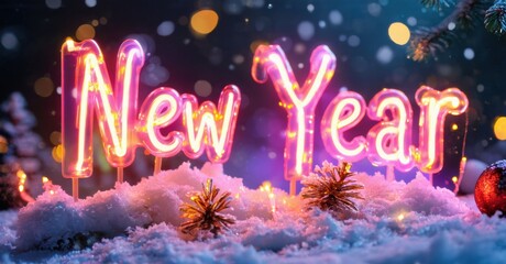 Bright neon New Year text sits within snowy landscape. Festive lights, blurred background create holiday mood.