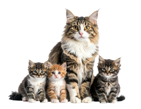 Adult tabby cat with three kittens, all with attentive and adorable gazes