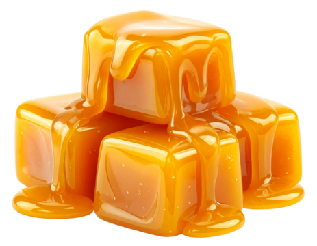  Caramel Candies Pile with Pouring Caramel Sauce Transparent PNG