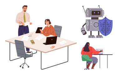 Professionals working with laptops and devices, a security-focused robot with shield, a woman coding. Ideal for innovation, teamwork, tech communication, cybersecurity, learning, digitalization