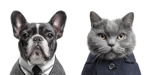 Elegant Dog and Cat Portraits in Formal Attire with Transparent Background