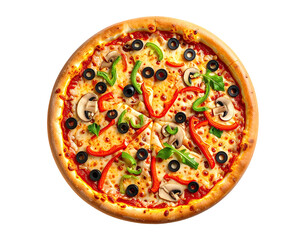 Overhead shot of a fully-topped pizza with diverse vegetables on a dark background
