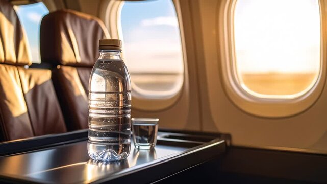 Water bottle on an airplane tray table