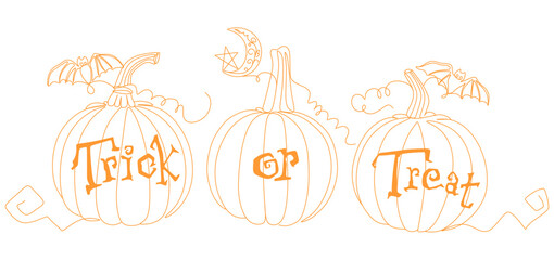 Line art illustration of three Halloween pumpkins with the phrase "Trick or Treat" written across them. Decorative bats, a crescent moon with a star, and swirling pumpkin vines add a festive 