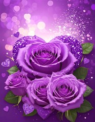 Romantic purple roses with glitter hearts