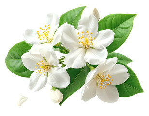 Obraz premium Cluster of white, open flowers with yellow stamens and green leaves, black bg