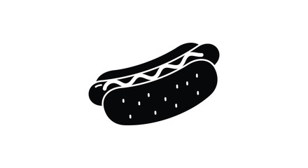 Minimalist black and white illustration of a classic hot dog with sesame seeds
