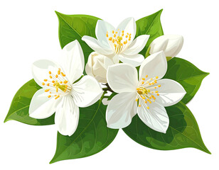 Obraz premium Delicate white flowers with yellow stamens and green leaves on a black background