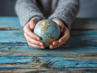 child holding small globe on rustic blue wooden table