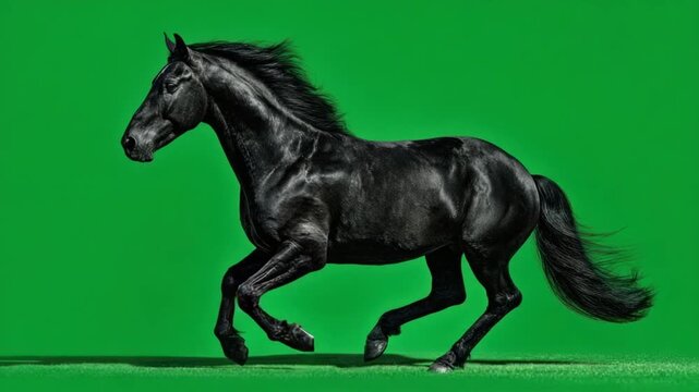 A sleek black horse in motion against a vibrant green background, showcasing power and grace