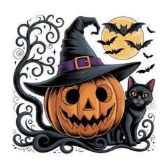 Spooky Halloween Scene with Jack-o- Lantern, Black Cat and Bats Keywords: halloween, jack-o-lantern, pumpkin, witch hat, black isolated on a transparent background