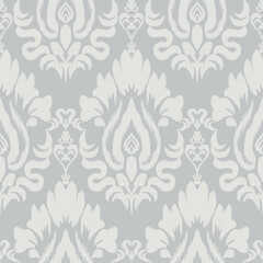 Grey Ikat floral damask pattern. Vector monochrome gray ikat classic ethnic floral seamless pattern. Ikat floral damask pattern use for fabric, textile, home decoration elements, upholstery, wrapping.