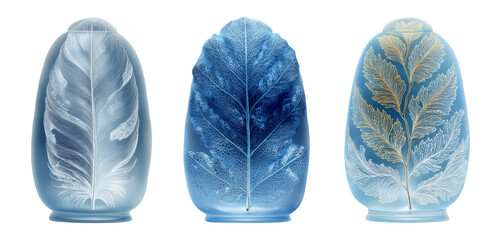 Elegant Blue Glass Art Objects with Leaf Designs in Three Unique Shapes