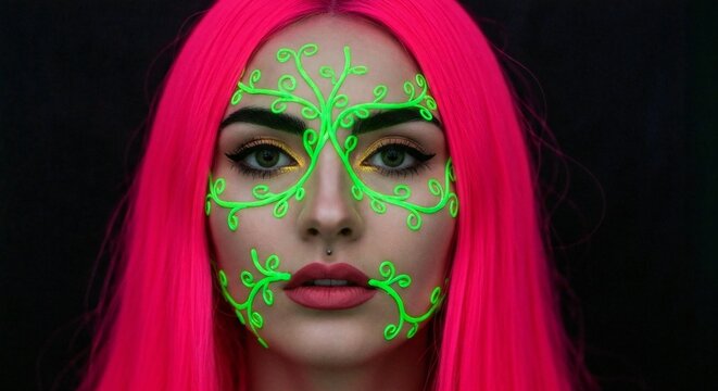 Woman with pink hair, neon green face paint like vines, against black background. Moody, striking colors. Futuristic/artistic concept. AI Generated. - Powered by Adobe