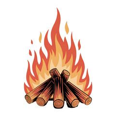 Stylized cartoon campfire with logs and orange flames Keywords: campfire, fire, logs, flames, cartoon, illustration, stylized isolated on a transparent background