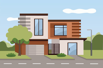 Residential neighborhood. House garage. Luxury modern house. City house. Real estate. Modern Residential Exterior.