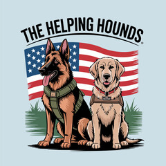 service dogs team illustration, shepherd and labrador with flag, helping hounds theme, loyalty courage support, heartwarming vector