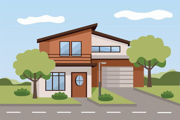 City house illustration. Urban Living. Green city. Country house. Road in front house. Car garage. Street lamp.