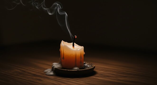 Extinguished candle with smoke on wooden surface against dark background