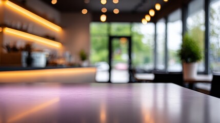 Modern cafe interior with warm lighting, wooden furniture, and a polished countertop, creating a cozy atmosphere for relaxation and socializing in a vibrant setting