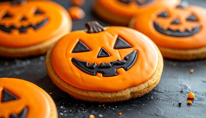 Close-up of delicious Halloween-themed pumpkin cookies, with bright orange icing and black facial details, arranged on a dark surface