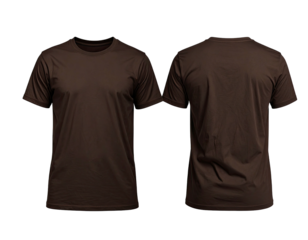 Front and back view of a plain, brown short-sleeved t-shirt on a black backdrop