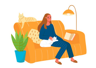 Girl sitting and resting on the couch with cats. Daily life and everyday routine scene by young woman in cozy interior. Trendy modern vector illustration.