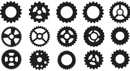 Collection of black gear silhouettes arranged in a grid pattern