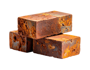 Stacked rectangular blocks showcasing heavy oxidation, a weathered, textured surface