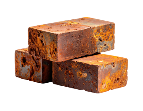 Stacked rectangular blocks showcasing heavy oxidation, a weathered, textured surface