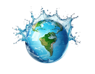 Earth globe surrounded by splashing water against a stark black background