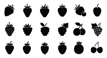 Silhouettes of various black and white berry fruits displayed on white © mst