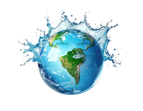 Earth globe surrounded by splashing water against a stark black background
