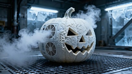 Chilling Halloween Pumpkin PC Mod Emitting Cold Smoke for Tech Promotions and Seasonal Design