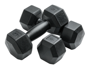 Pair of rubber-coated dumbbells, with black handle and weight markers, isolated
