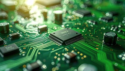 Illuminated Green Motherboard Close Up with Integrated Circuits and Golden Highlights Technology Abstract