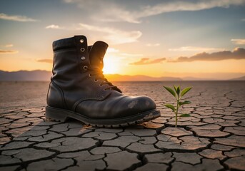 A small green plant grows from dry cracked earth next to a work boot at sunset. Hope, resilience and new life concept. Environmental theme of drought and survival