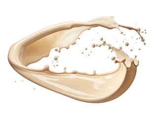 Swirling beige liquid splash with droplets, isolated on a black background