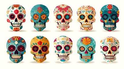 Hand drawn flat Dia de Muertos or dad of the dead skulls collection decoration on white background
