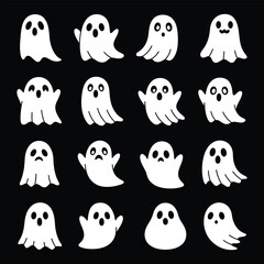 Cute Cartoon Ghost Character Set with Various Facial Expressions and Emotions